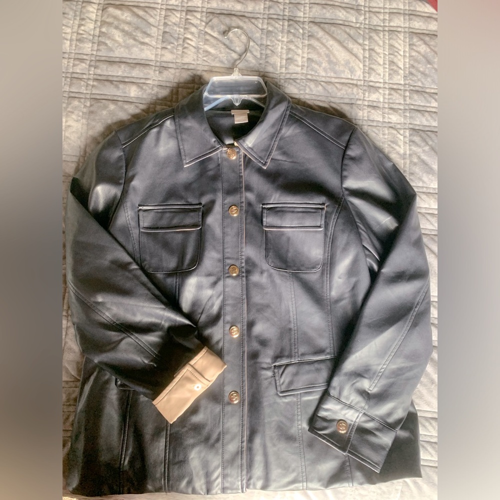 Navy faux leather “shacket” or shirt jacket - L